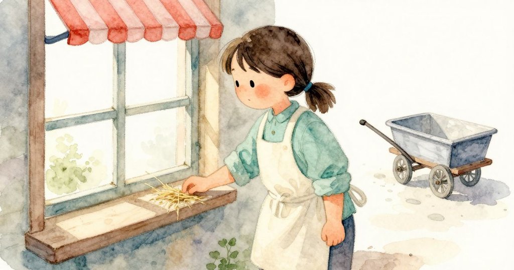Vita 觀看窗邊,描述發展有破碎薄膜的水坑、手推車經過與屋簷陰影,她神情靜觀社區小景。