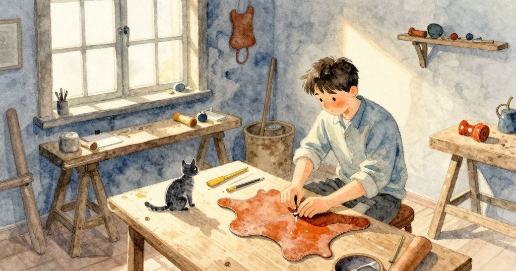 Cedric 在工作間坐著修皮條，貓藏在鋸馬下朝窗移動，工作室安靜又好奇，故事從這裡開始