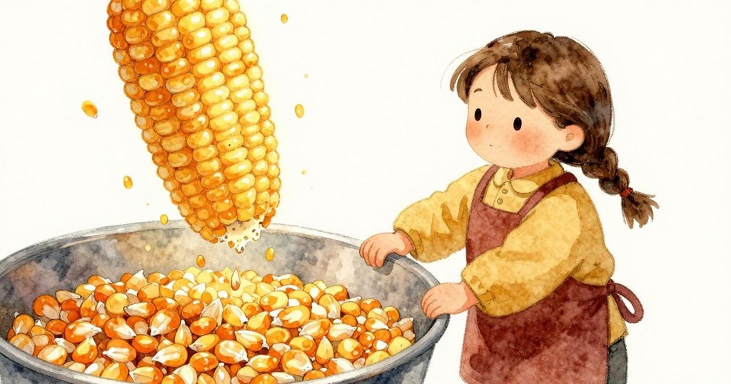 玉米粒從閣樓落入水槽，打在金屬邊緣並滾成亮色圓錐，Sara與Harriet在旁邊觀看，場景轉折成重要變化。