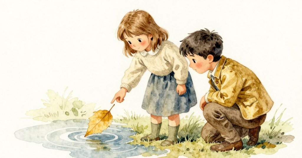 年長的孩子說「I see it spin」，葉子落在水面上、小蟲躲在下面，Flora 驚訝又專注，達到高潮時刻。
