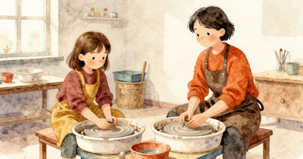 Marnie 用濕手碰觸陶輪，Colette 靠近穩定推輪，工作室裡兩人安靜且專注