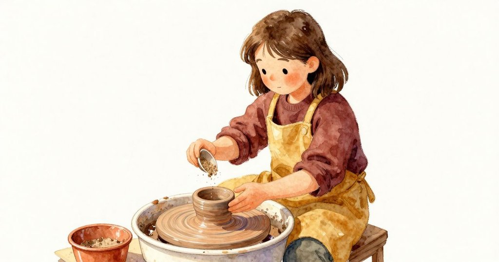 Marnie 輕敲修坯碎屑，從淺盤撒砂到輪盤，工作進展中，神情專注