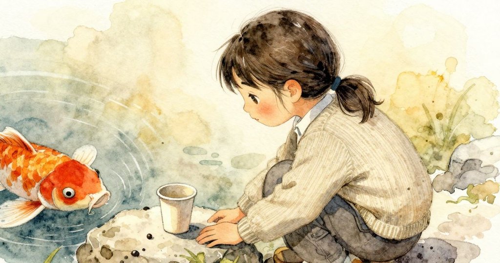Ines在背景穩定站立,紙杯放在石上,最後一顆顆粒靠近陰影中的錦鯉,結局含蓄而開放,情緒平靜
