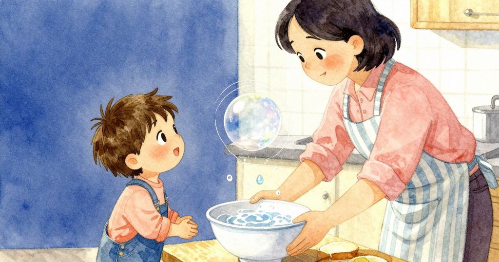 碗特寫在水龍頭下，圓皂泡破裂水滴落入碗形成小環，大人站在背景觀察，高潮瞬間。