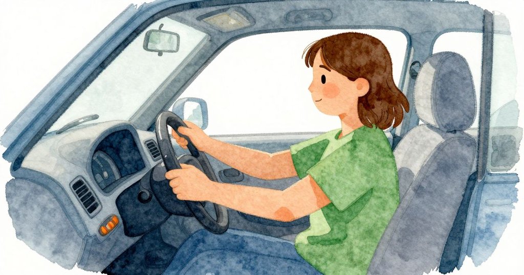 Sara 雙手安穩握方向盤,車輪越過路邊根塊傳來輕微震動,車內保持平靜,旅程小插曲逐步發展