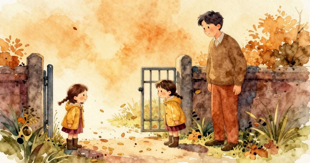 Pia和成年人在院子看著第二片葉子放在水面,小漣漪沿著水面滑進門底縫,故事溫暖收尾。