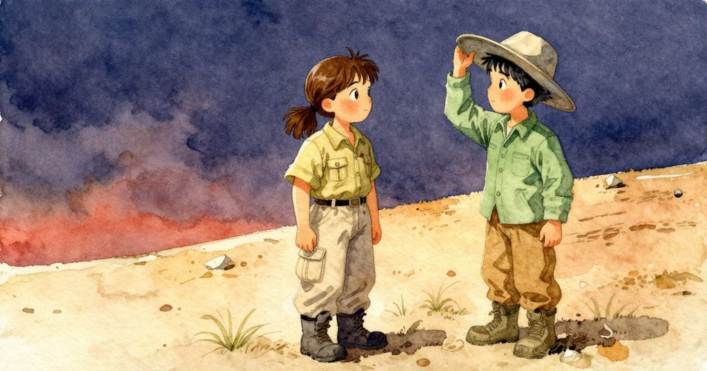 Kit抬帽站在迎風邊為Farrah遮擋風沙，兩人協力穩定工作，情節轉折互助寧靜，開端、發展、高潮、解決、結尾