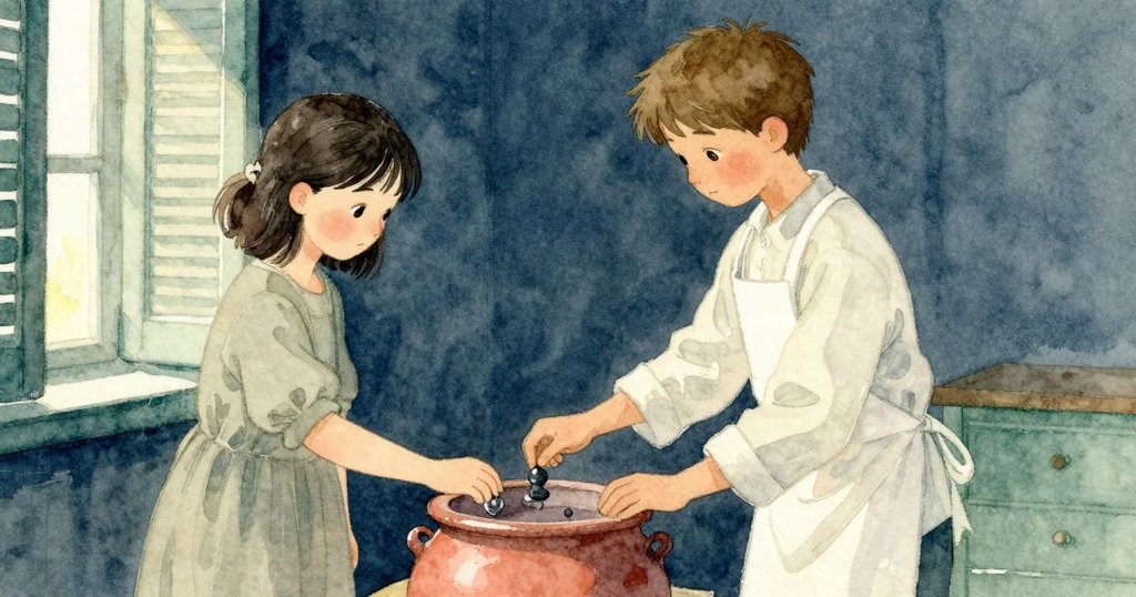 Colette 在鍋邊穩穩轉動旋鈕讓蠟面平靜,Sam 站旁準備蘸製,窗光變窄,合作的發展情節
