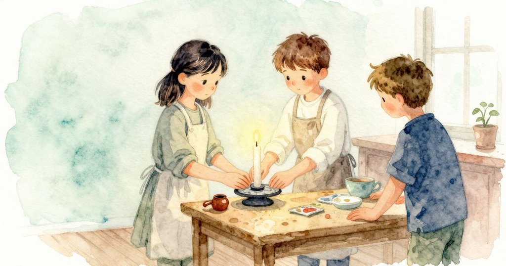 Sam 與 Colette 在冷卻架前並肩放置加厚的蠟燭,兩人微笑滿足,合作完成後的和解與喜悅