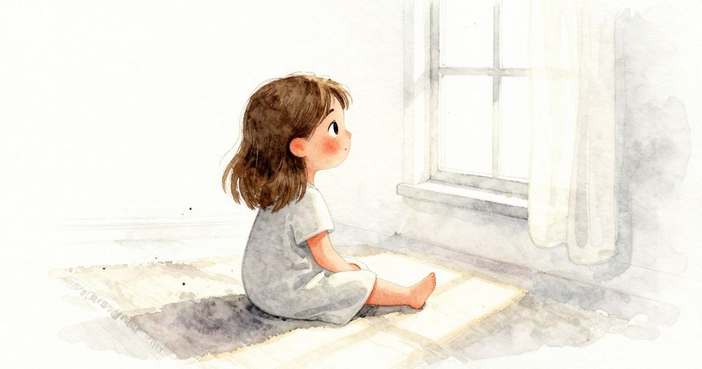 Stella坐在床上望向窗邊，窗簾邊緣搖曳，陽光穿過地毯投在枕邊，塵埃漂浮，安靜注視早晨光線。