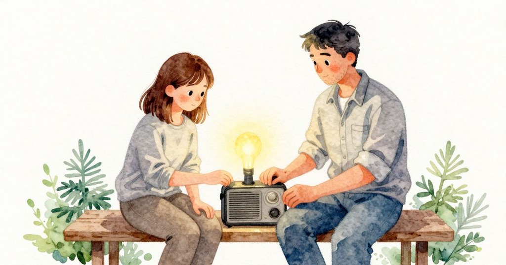 Fiona 用小手電照射,Declan 在工作台檢試調頻旋鈕,兩人專注合作,修理進展的發展。