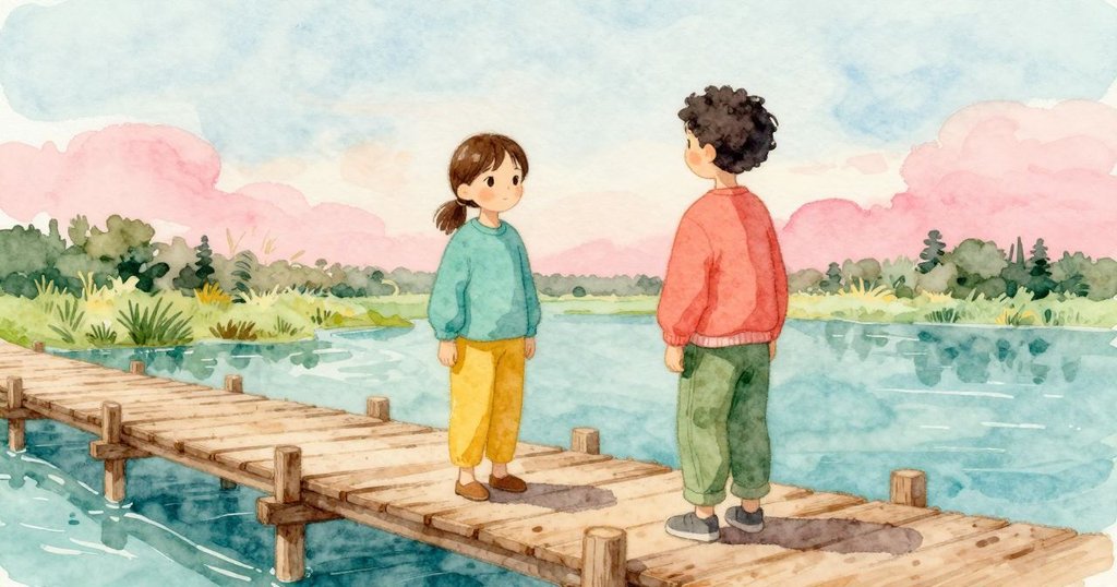 Reese停在橋中央，Zadie在欄杆邊展開畫紙，橋上涼影與河水流過，兩人平靜專注開始畫畫。