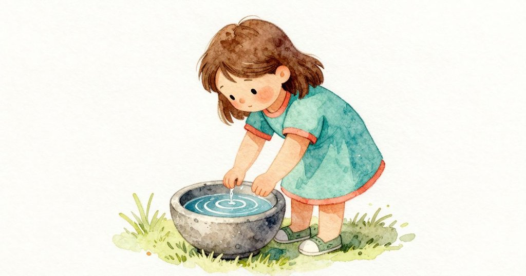 Nadine 在石碗旁彎身看水面漣漪，專注觀察，院子場景發展到她檢視石碗的細節