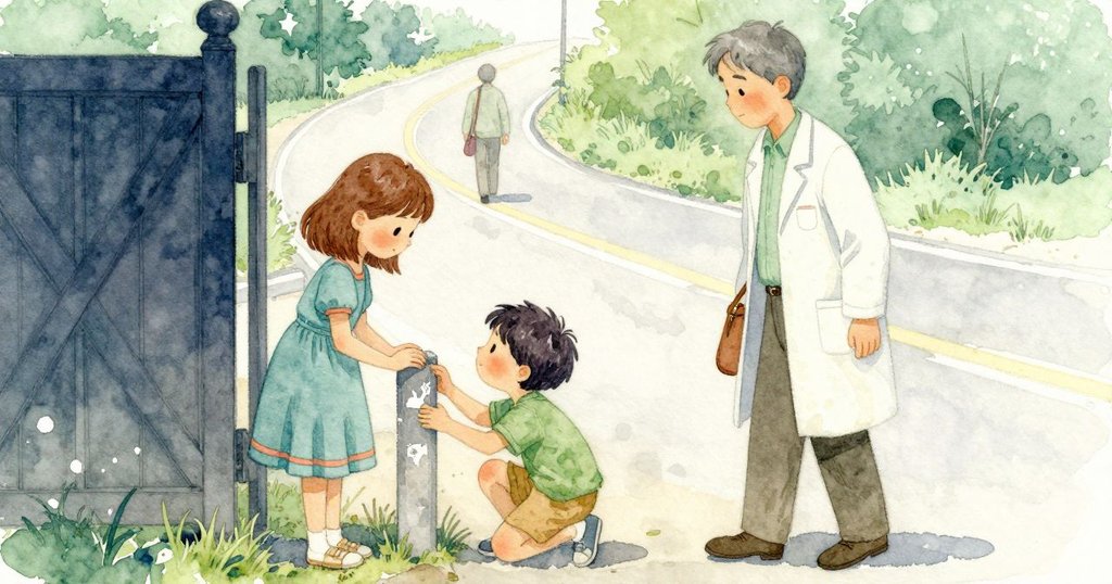 Nadine 走回柵欄在門柱停下查看細薄抓痕，Jude 在旁，遠方馬路上有科學家走過，表情警覺