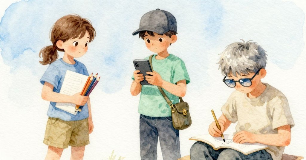 Sara在長椅上排鉛筆並速寫噴泉和硬幣，家長在旁，發展：專注觀察，情緒專注寧靜