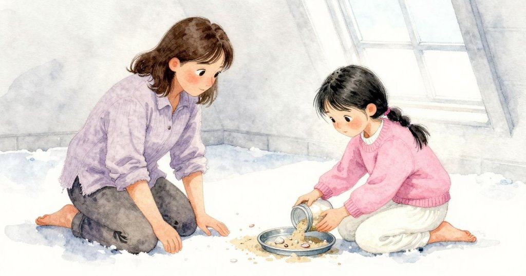 Zara在閣樓中跪著把沙子倒入錫盤，Yasmin旁觀，場景發展出沙流堆積，兩人帶著專注好奇