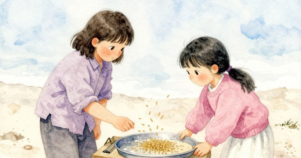 近景顯示米粒撞上沙堆並在金屬夾旁堆出小脊，閣樓錫盤細節成為故事高潮焦點，引發驚奇