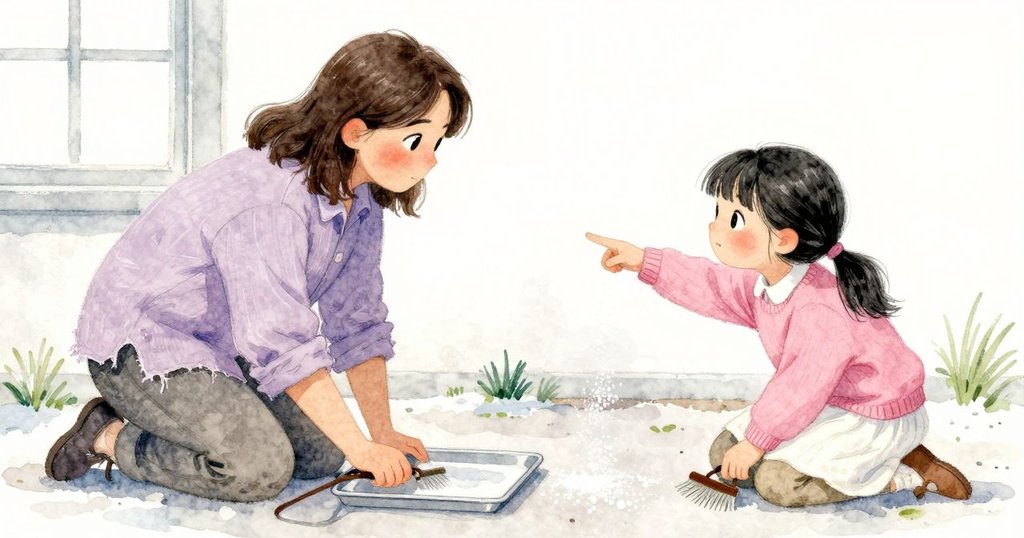 Yasmin指著錫盤的淺色痕跡，Zara跪著用乾刷清理，粉筆灰落在皮繩上，情節接近解決，兩人專注