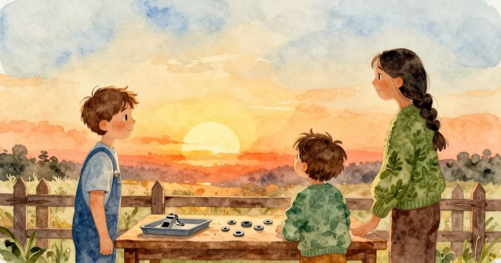 Luke和Paloma在夕陽下看著工作臺上的連鎖完成，物件聚集在右側，結局平和喜悅