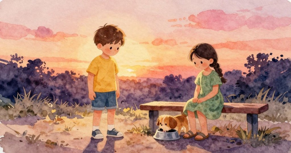 狗在碗裡喝水，Fletcher 和 Ruby 在旁邊看著，遊樂場草地上大家放心且愉快地結束這件事。