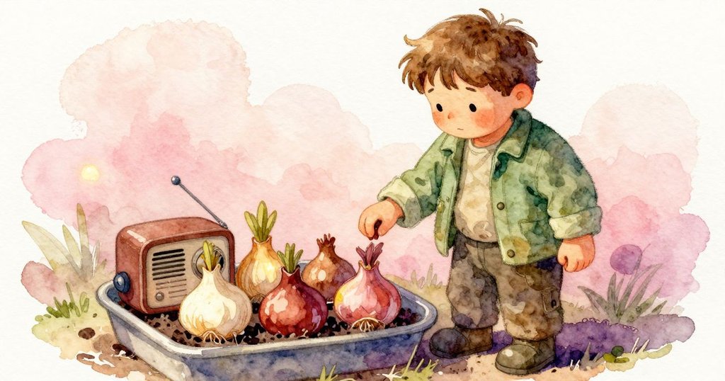 Olwen 在 灌木 邊 膝跪 整理 球莖 托盤 上 有 小 收音機 播廣告 聲音 專注 寧靜