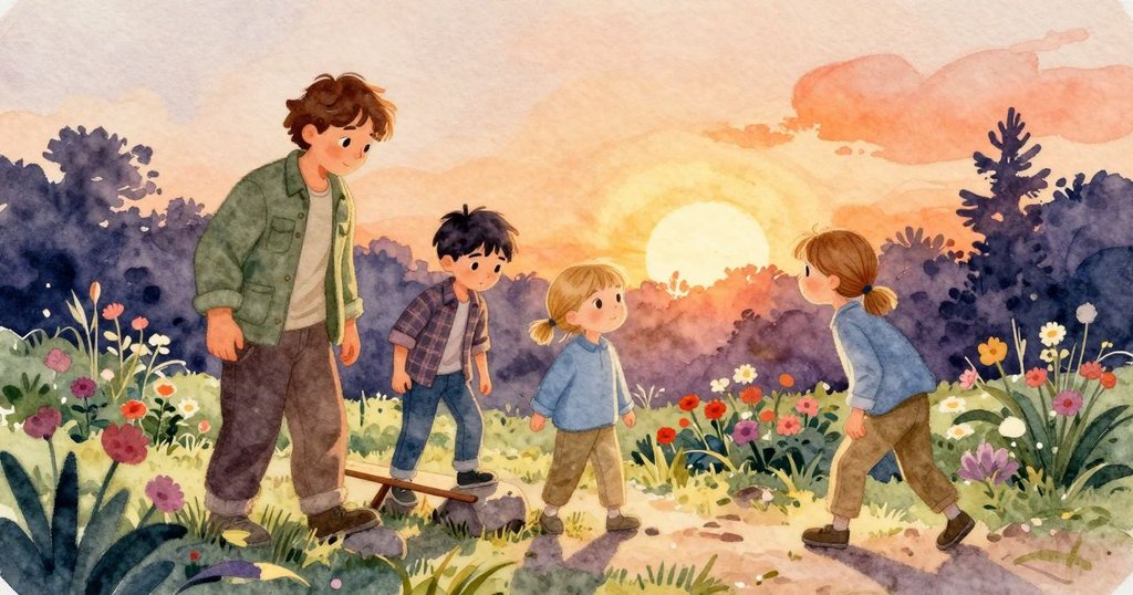 從 後階 看 見 Olwen Elise Pierce 在 花園 邊 操作 完成 石頭 就位 專注 平靜 尾聲 有 一滴 水 滾落