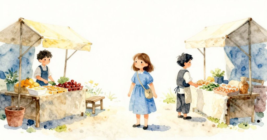 Clara 站在布攤，手臂靠尺帶，Henrik 拉出棉布，市場通道與蜂蠟桌出現，兩人專注準備。