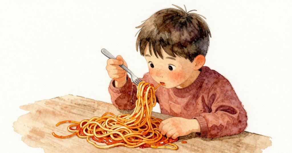 Seth 凝視叉子間的麵條堵塞,再靠近杯柄看向盤中發亮的醬汁,場景進入高潮前的發現。
