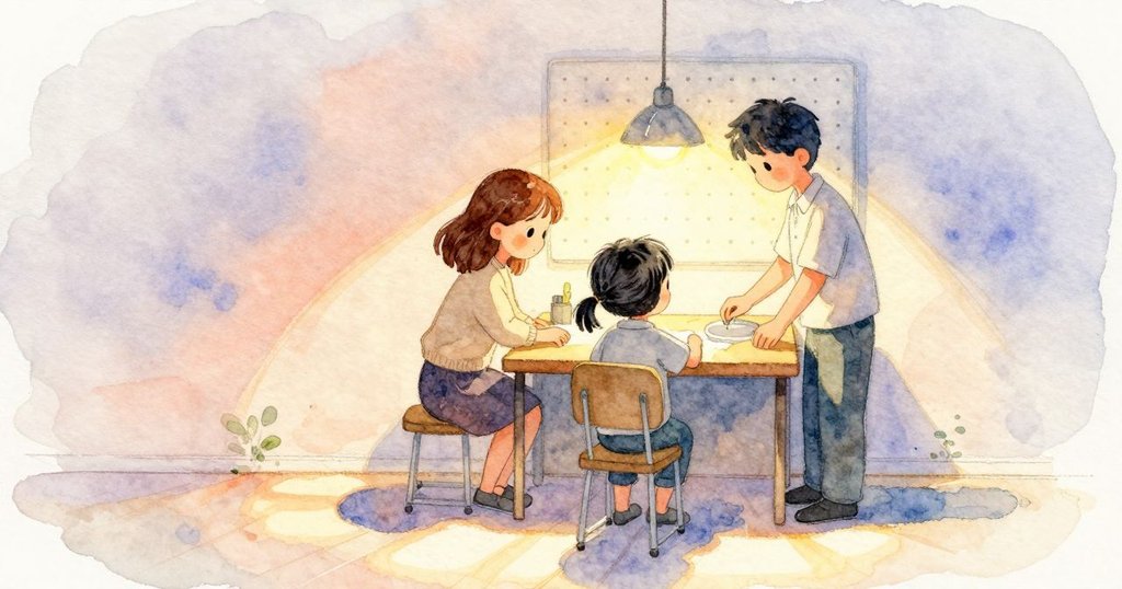 Freya坐在高凳旁專注數著時鐘滴答,Idris在旁觀察,工作檯與掛著鉗子輪廓的牆面,場景開端、安定。