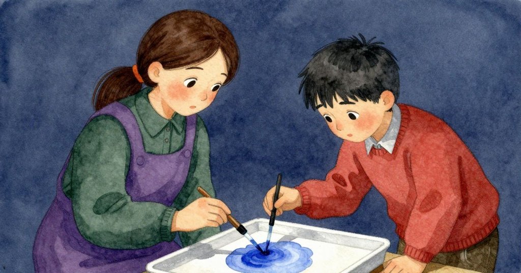 Ada用滴管滴一滴藍色到厚水面,顏色擴散成圓雲,Kellan靠近觀察,好奇驚訝