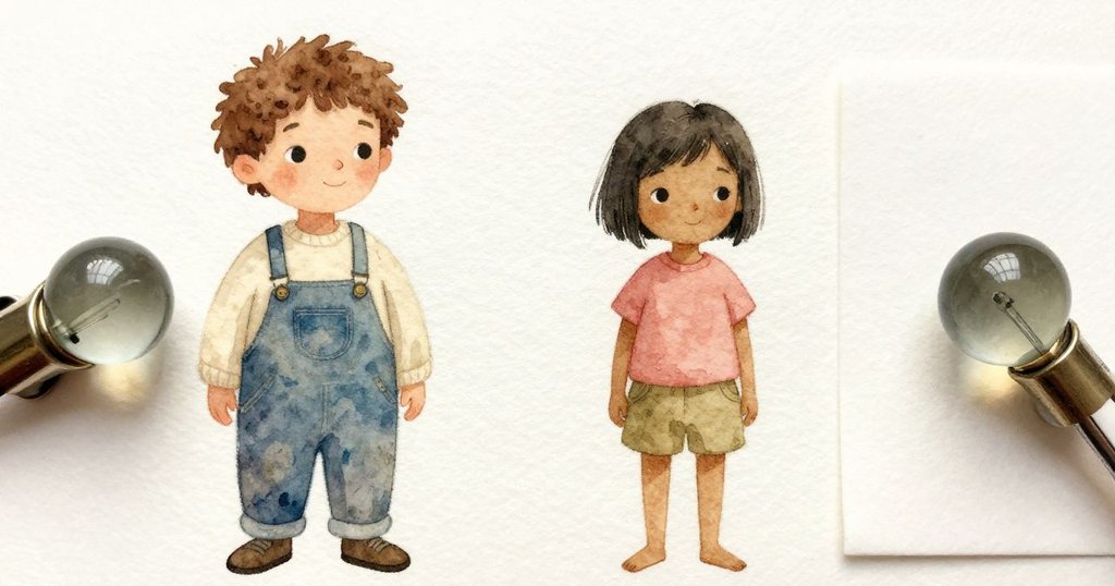 Zadie 和 Paul 發現燈泡熄滅，特寫顯示彈珠靠在夾子上讓燈泡熄滅，桌上有白卡和電線