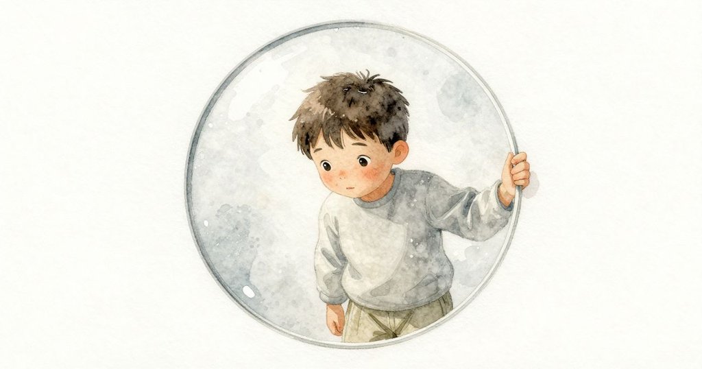 Child透過透明圓圈凝視，霧氣滑回，目光移向右邊窗框，手上落下一小乾斑，持續的觀察與發展。