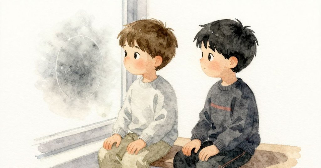 Child透過玻璃上的清晰圓圈凝視（特寫玻璃圓圈），霧氣滑回，觀察進一步加深。