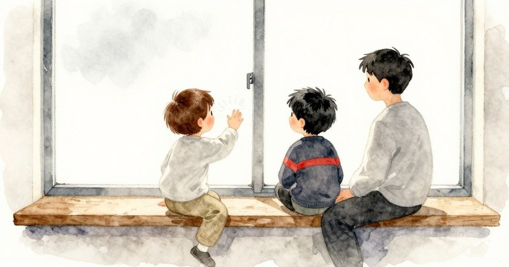 Xander坐在遠端，把貼紙貼在玻璃上並說貼紙會滑動，Child在旁觀察，互動和情節發展明顯。