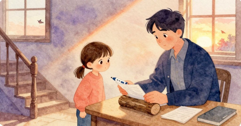 Bea用指尖按住日誌頁,Paul在樓梯旁檢查溫度計,室內寂靜,故事開端,兩人專注。