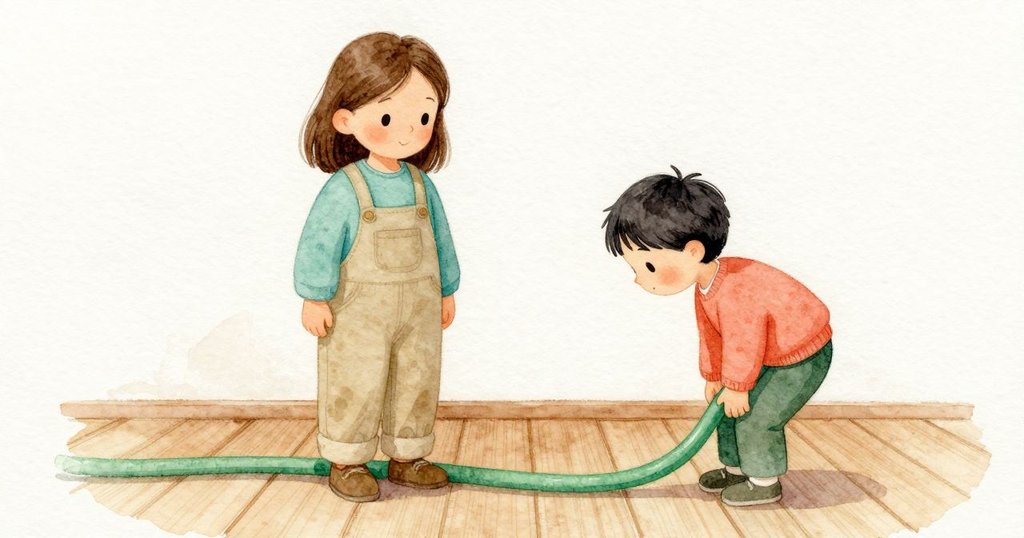 Juno發現彎曲的綠色水管躺在燈光溫暖的地板上，強調彎折處和陰涼處的對比，暗示問題所在。