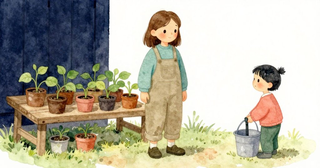 任務完成，Flora將噴嘴掛在水桶邊緣，Juno看著已澆的豆苗，兩人站在小棚內神情放鬆且滿足。