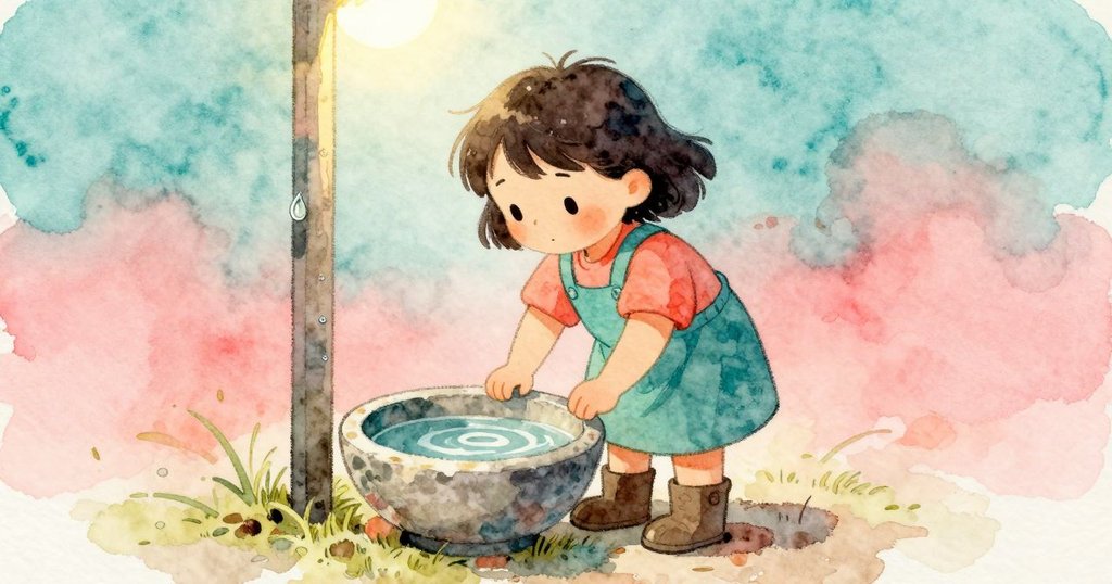 Cleo靠在平石上凝視石碗水面，圓形漣漪與半掛露珠出現，發現的好奇向前推進