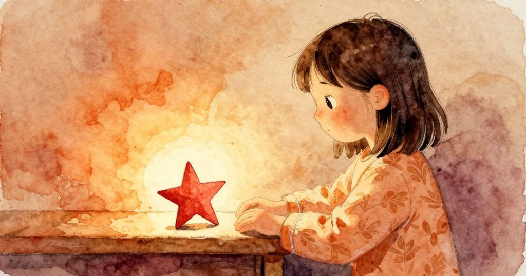 娜迪亞在矮書架旁跪下，紙做的小星星卡在縫隙，紅色書本緊貼，場景顯示發現與準備。
