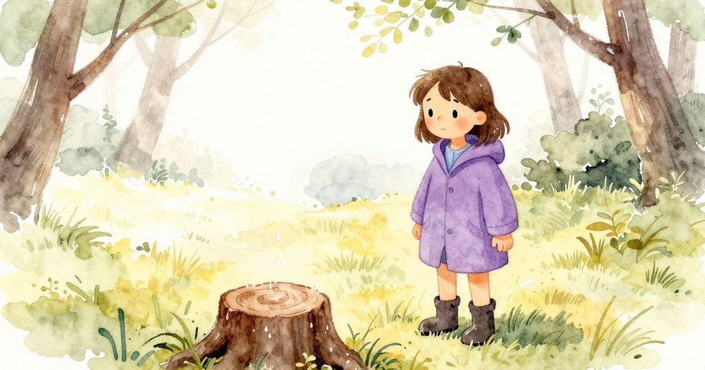 Verity 在樹墩攤開田野指南，查看有水滴的頁面，雨軟森林中專注，情節發展。