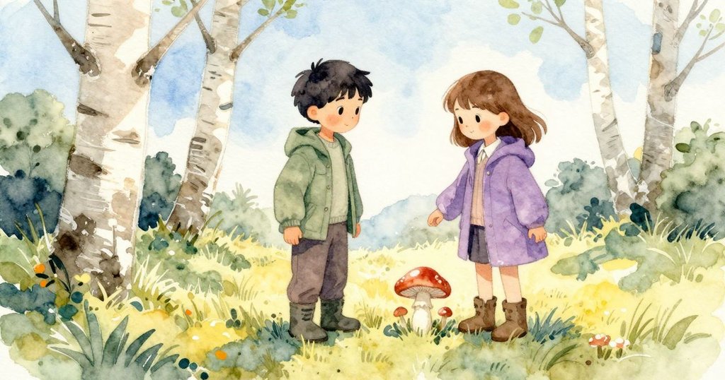 Dean 翻看蘑菇底部，Verity 近距比對指南，在樺樹旁專注好奇，情節達到高潮。