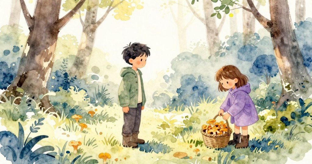 Dean 舉起杏色羊肚菌詢問，Verity 按壓菌柄確認，雨軟森林中慎重肯定，做出採摘決定。