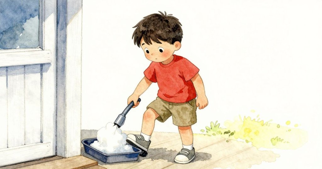 Eamon穩穩地踩下踏板並注視，裝置冒出白色泡沫，門廊場景呈現發展，Eamon專注期待機制運作