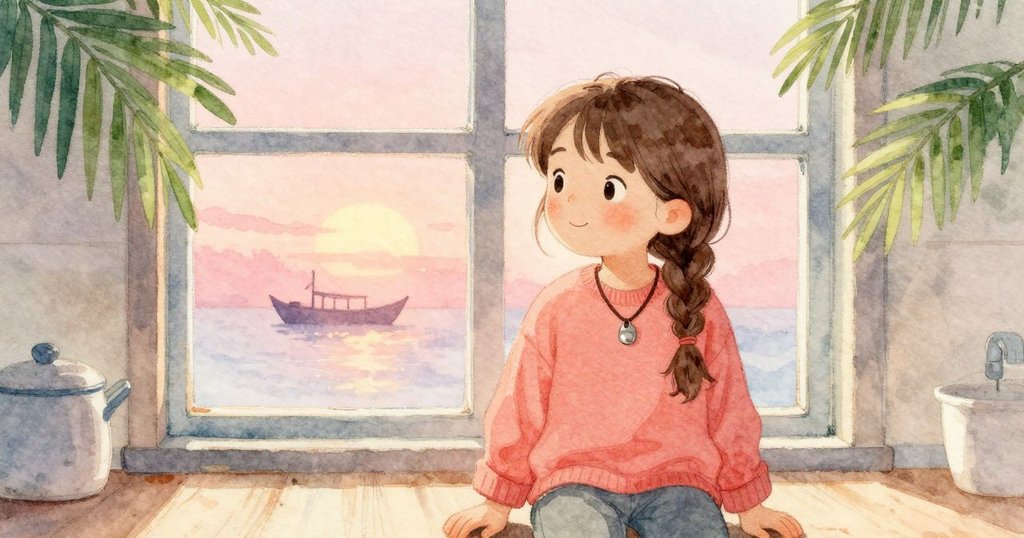 Colette坐回窗邊，望著她畫出的弧線與窗外小船輪廓，心情平靜滿足，Poppy安穩地倚在靠墊上結束故事。