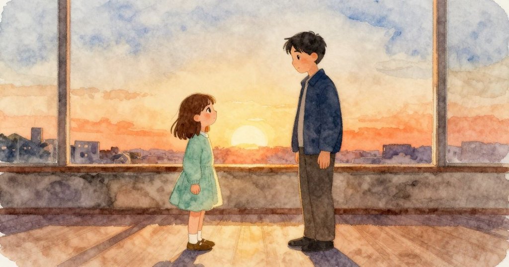 夕陽下清晰處擴大，霧沿邊緣聚集，Stella 與 Corbin 完成擦拭並靜靜看著，結束工作，場景溫暖收尾