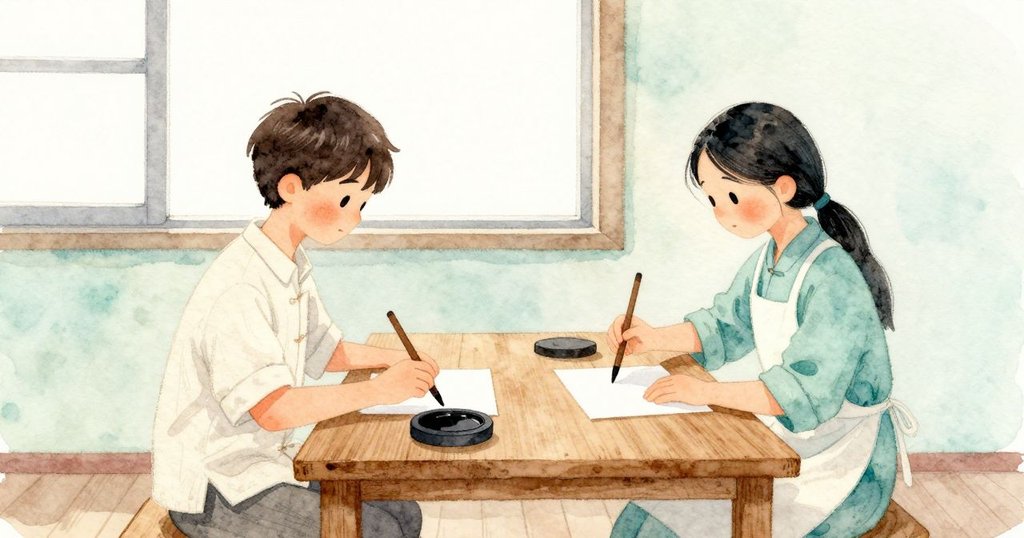 Rafe 與 Tara 在 窗邊 桌前 準備 書寫 , Rafe 專心 磨墨 , Tara 整理 紙張 , 場景 平靜