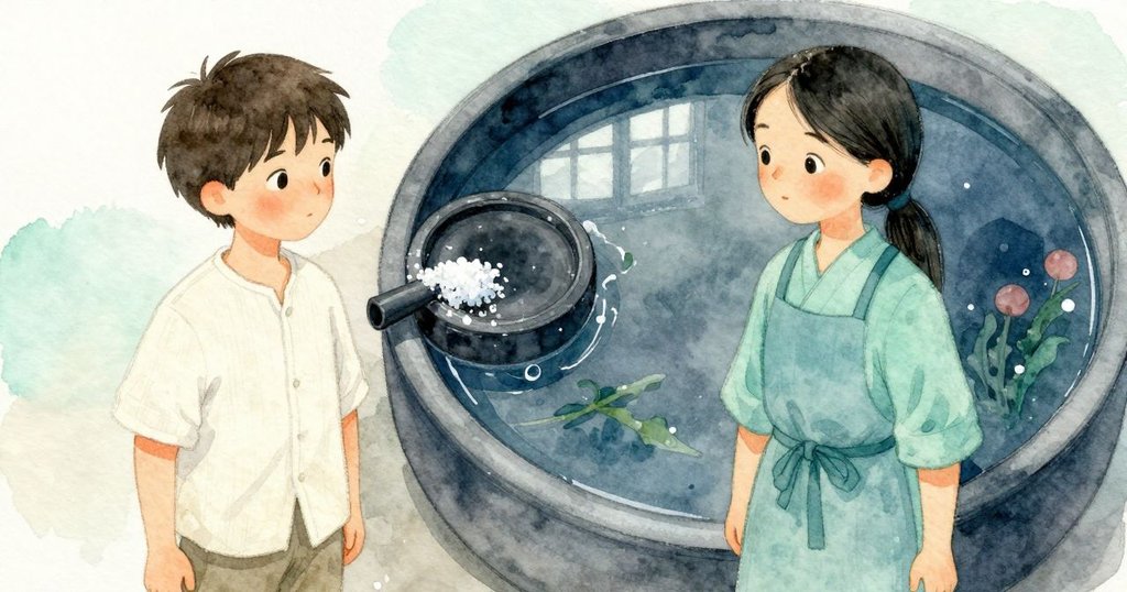 墨硯 池面 近拍 , 水滴 形成 淺色 環 , 瓶口 鹽晶 可見 , Rafe 與 Tara 注視 變化
