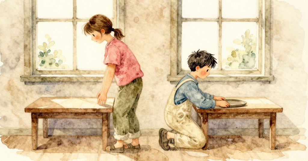 Britt 在窗下穩穩擺放托盤，Grey 跪著整理杯子，家裡桌邊有小狗探鼻，開端的安靜與準備。