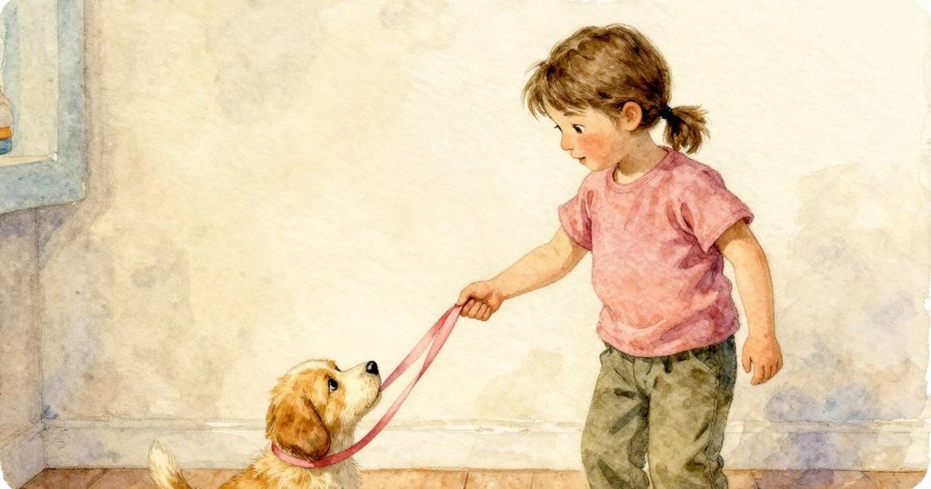 Britt 伸手要移鏟子，puppy 尾巴刷到掛著的藍色緞帶，緞帶勾住鏟把，發展中的緊張與驚訝。