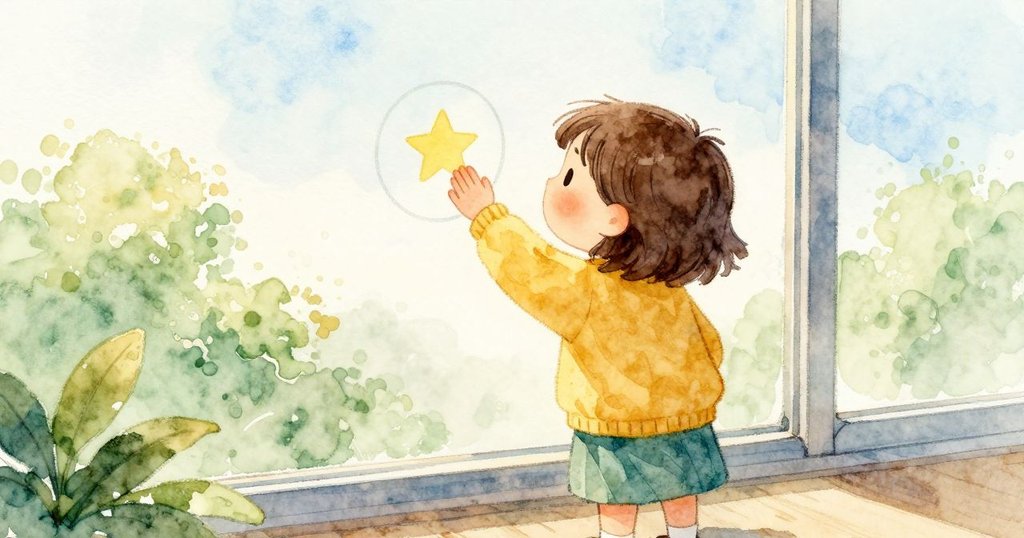 女孩把一枚星形貼紙按在窗上，形成一個清晰圓圈，邊緣微微翹起，她神情專注。發展。